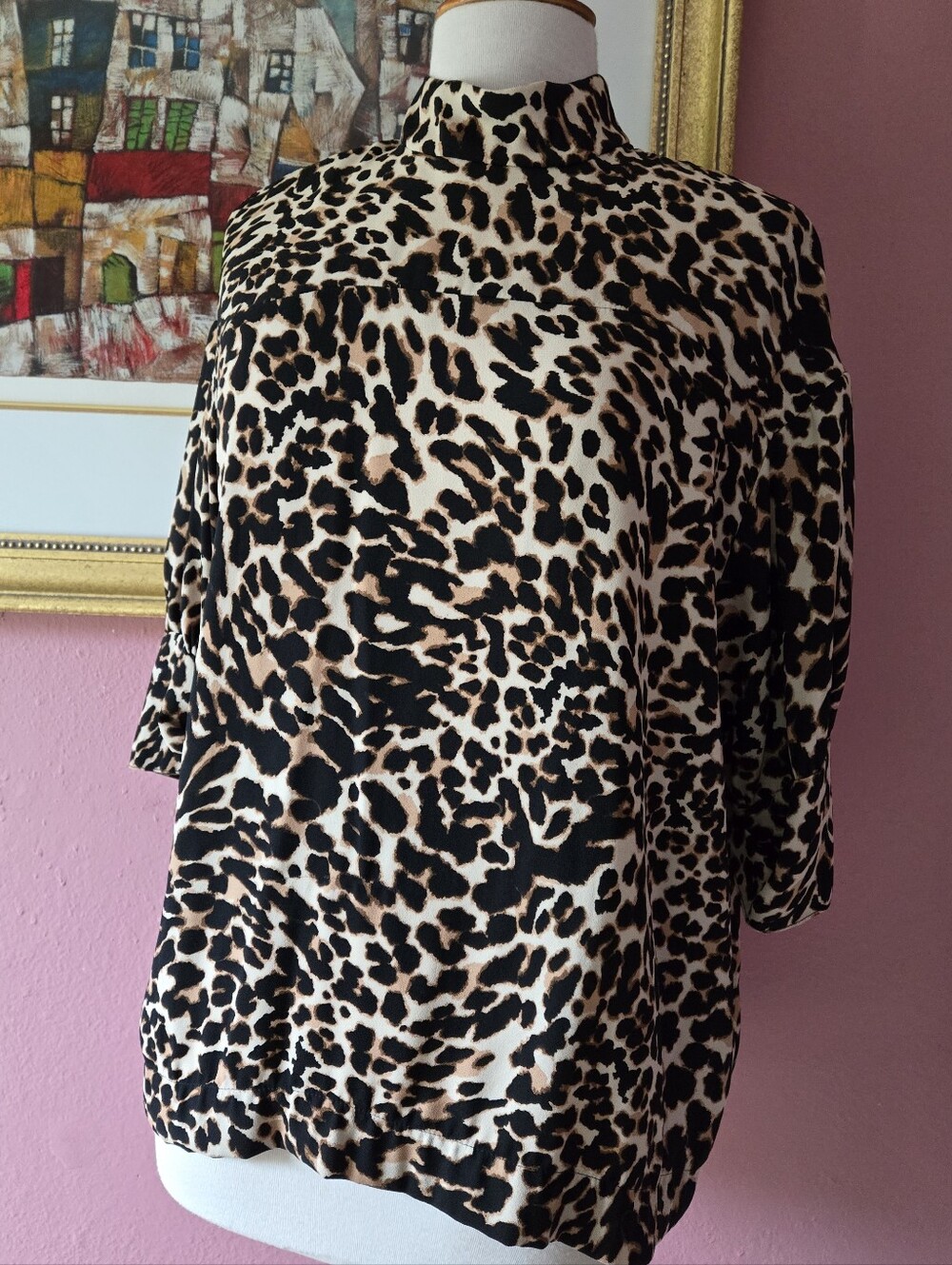 Zara Leopard Print Mock Neck Tunic in Beige and Black Size S/M
